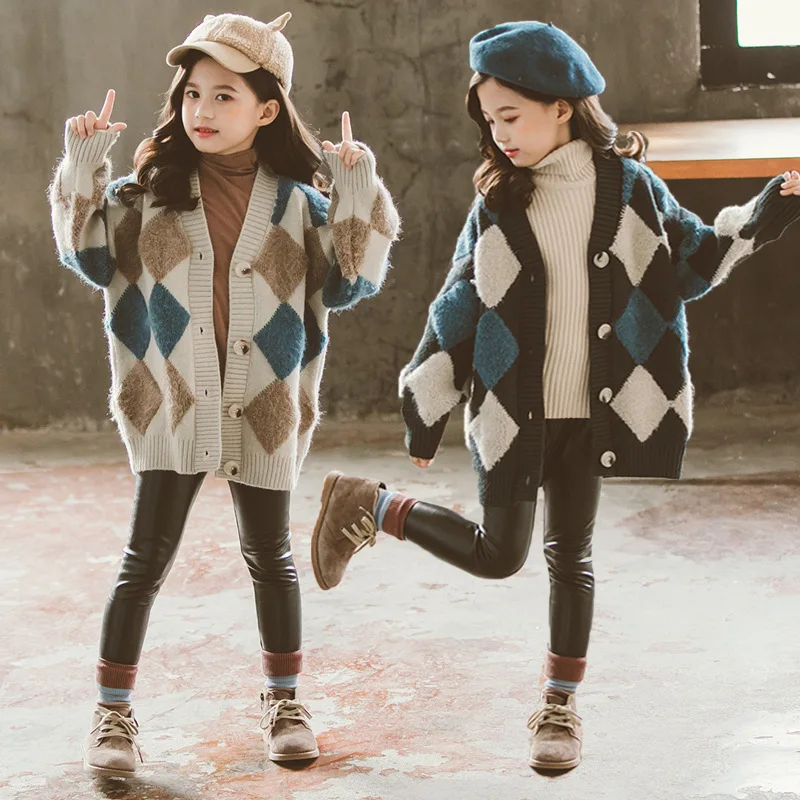 

2024 spring winter Children Girls Sweaters New Korean Plaid Knitted Cardigan Kids European American Jacket 5 6 7 8 9 10 11 year