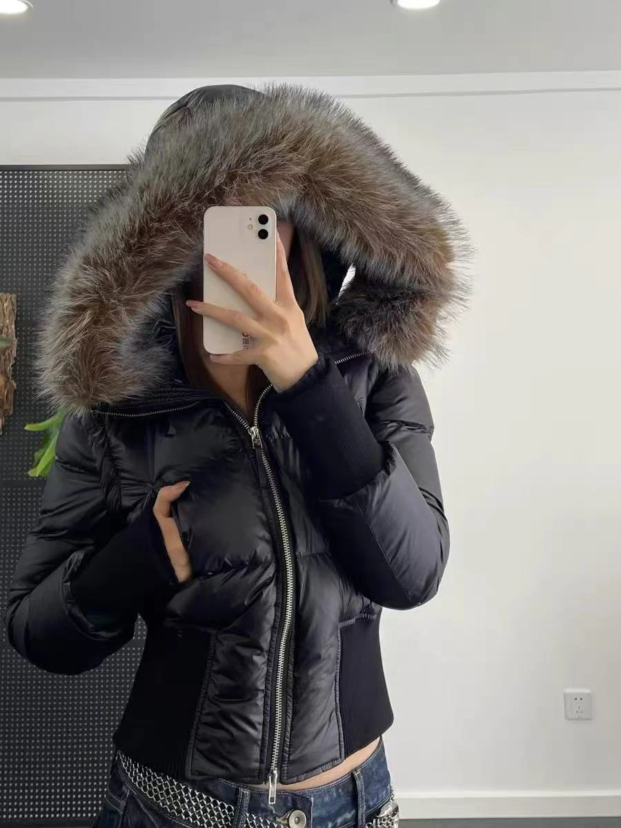 Detachable sleeves short section hair collar down jacket temperament Slim winter warm fluffy women's down jacket 2024 winter new