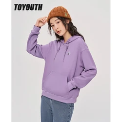 Toyouth Women Fleece Hooded Sweatshirt 2022 Autumn Long Sleeve Loose Hoodies Eggplant Print Casual Streetwear Pullover