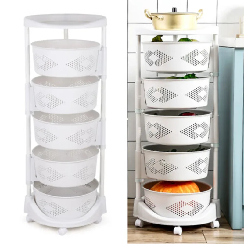 5-Layer Kitchen Storage Cart Removable Rotating Basket Vegetable Rack Multifunctional Storage Basket with Wheels White