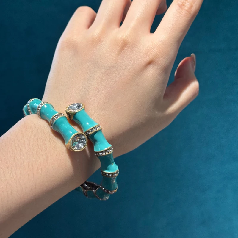 

Vintage Enamel Bamboo Bracelet Bangle Crystal Antique Gold Color Elasticity Accessories Luxury Branded Jewelry Heavy Industry