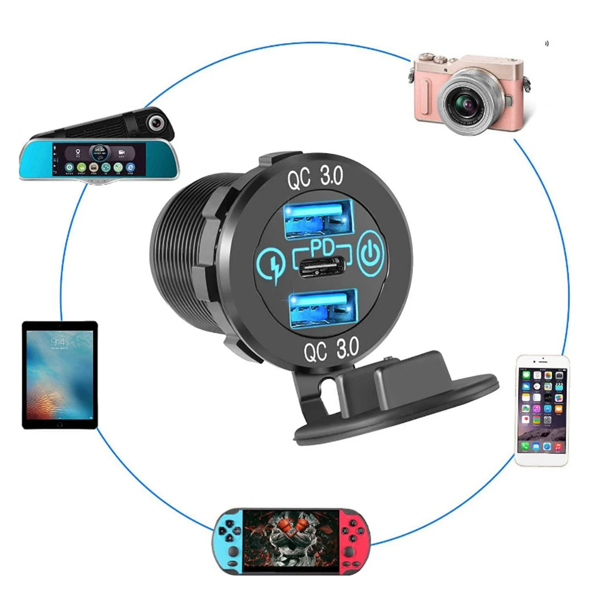 Quick Charge Socket 60W USB-C Multiple Car Charger Socket PD 3.0 & Two QC3.0 Ports with Touch Switch Fast Car Adapter