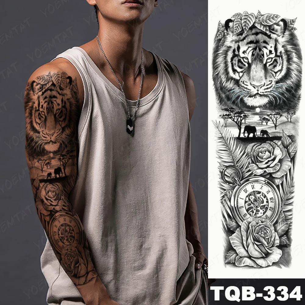 Tatuaje de manga grande para brazo, pegatina de tatuaje temporal a prueba de agua, León, corona, Rey, rosa, lobo salvaje, Tigre, hombres, tótem de