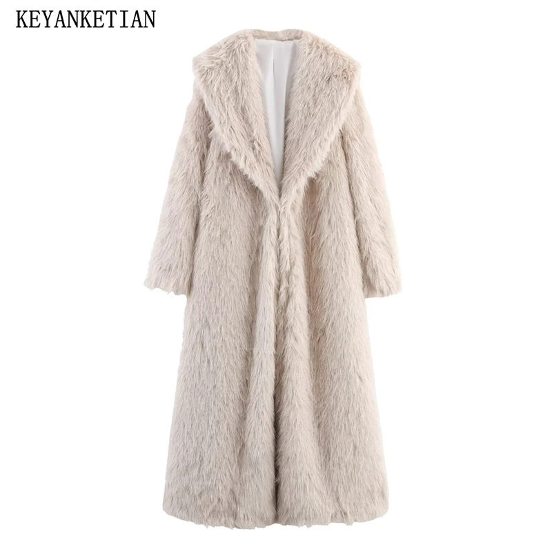 

KEYANKETIAN Winter New Women's Clothing Big Collar Fashionable Temperament Fake Leather Grass Long Coat Women Windbreaker
