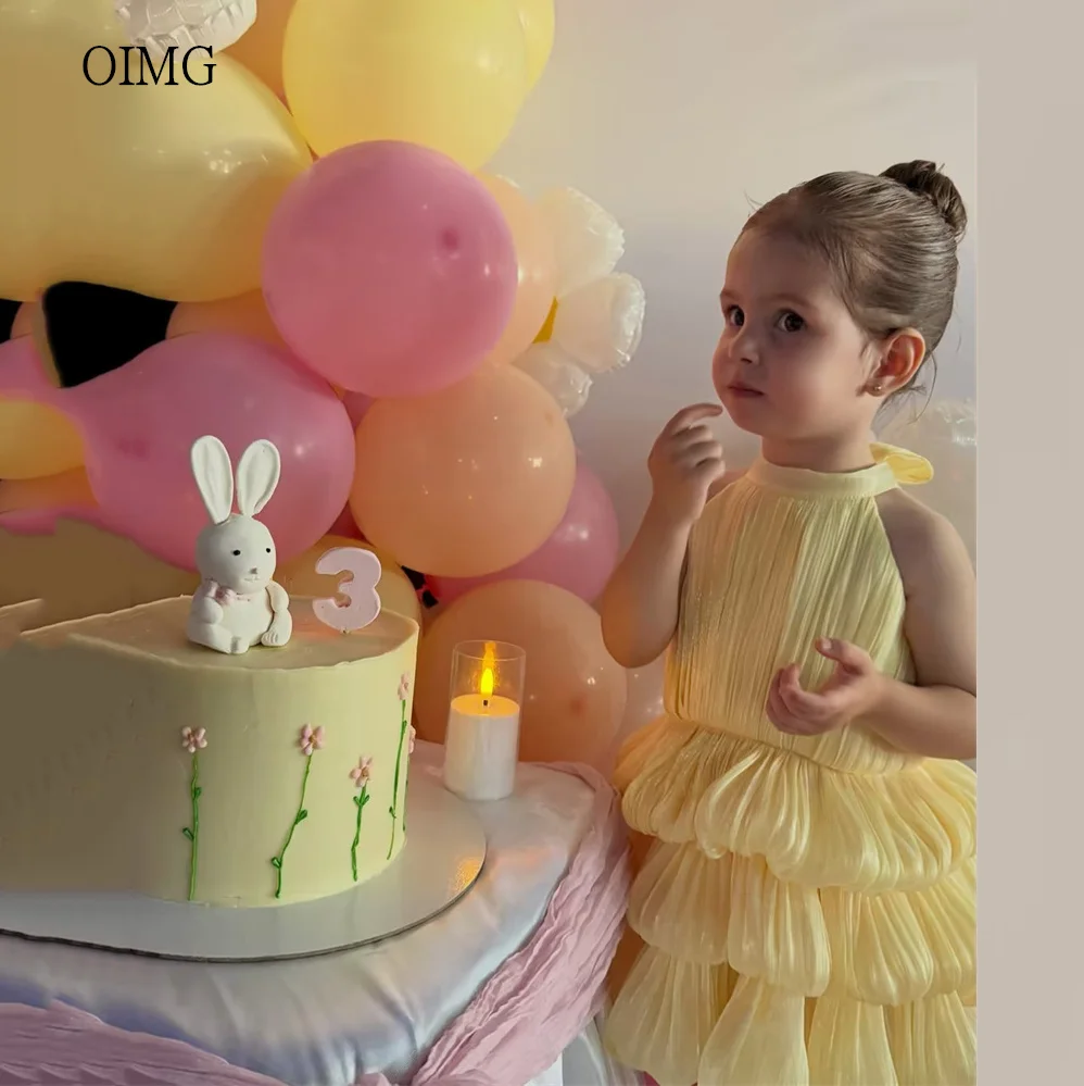 OIMG Cute Yellow High Neck Ball Flower Girl Dresses Multi-layer Sleeveless Wedding Gown Knee Length Birthday Dress Customized