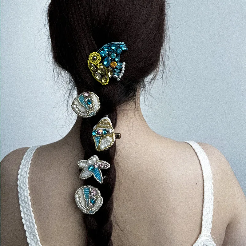 1Pcs Starfish Conch Shell Hair Clip Shiny Colorful Rhinestone Crystal Pearl Gold Color Beads Hairpins for Women Girls Headwear