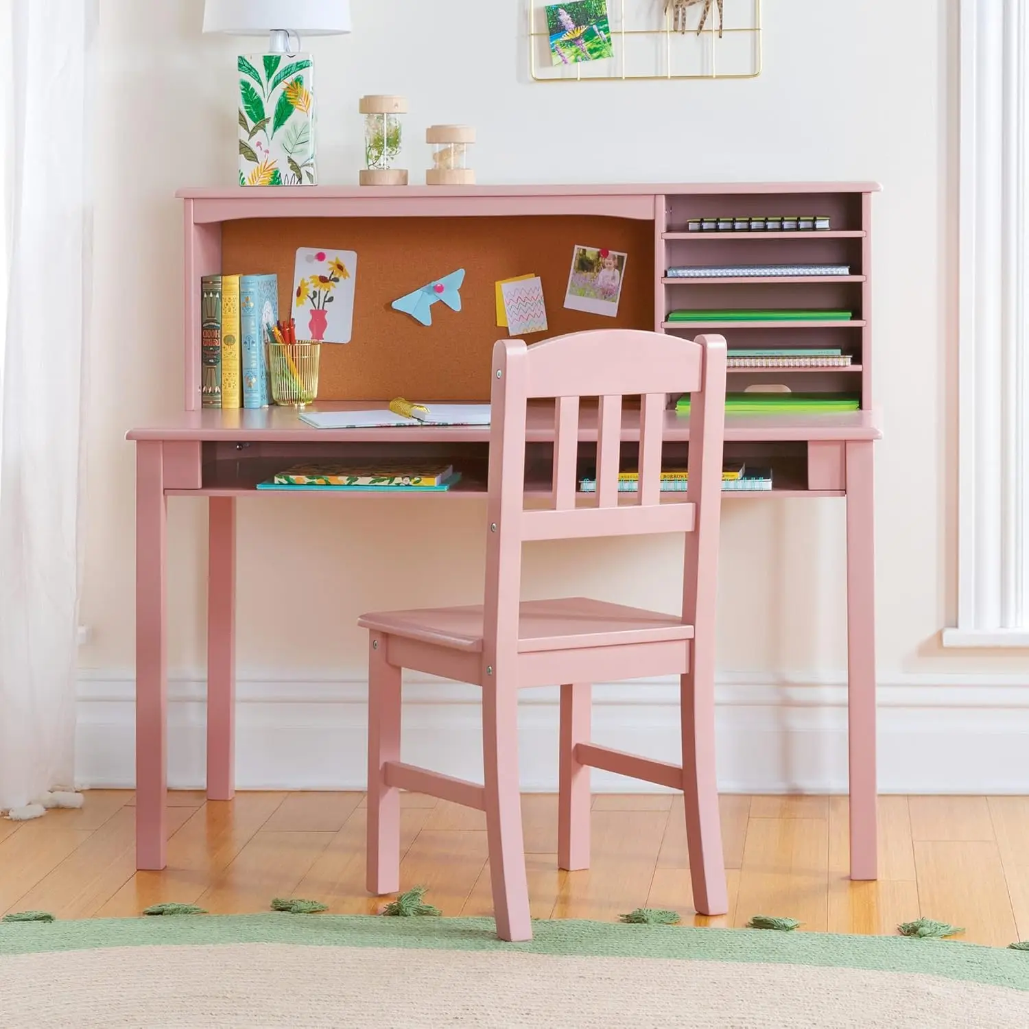 Kids Media Desk, Hutch and Chair Set - Pink: Student's Computer Desk with Storage Shelves and Corkboard, Kids Wooden