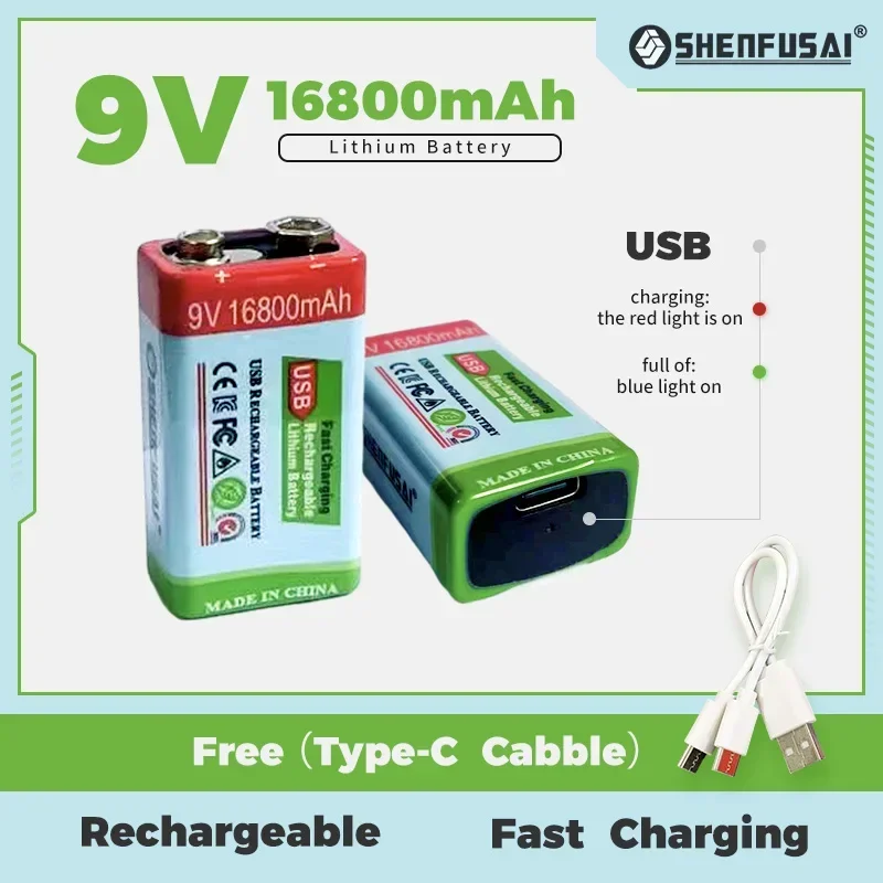 

Special price USB 9V lithium-ion battery, 16800MAH, rechargeable 9V battery. Microphone service life of 6 years