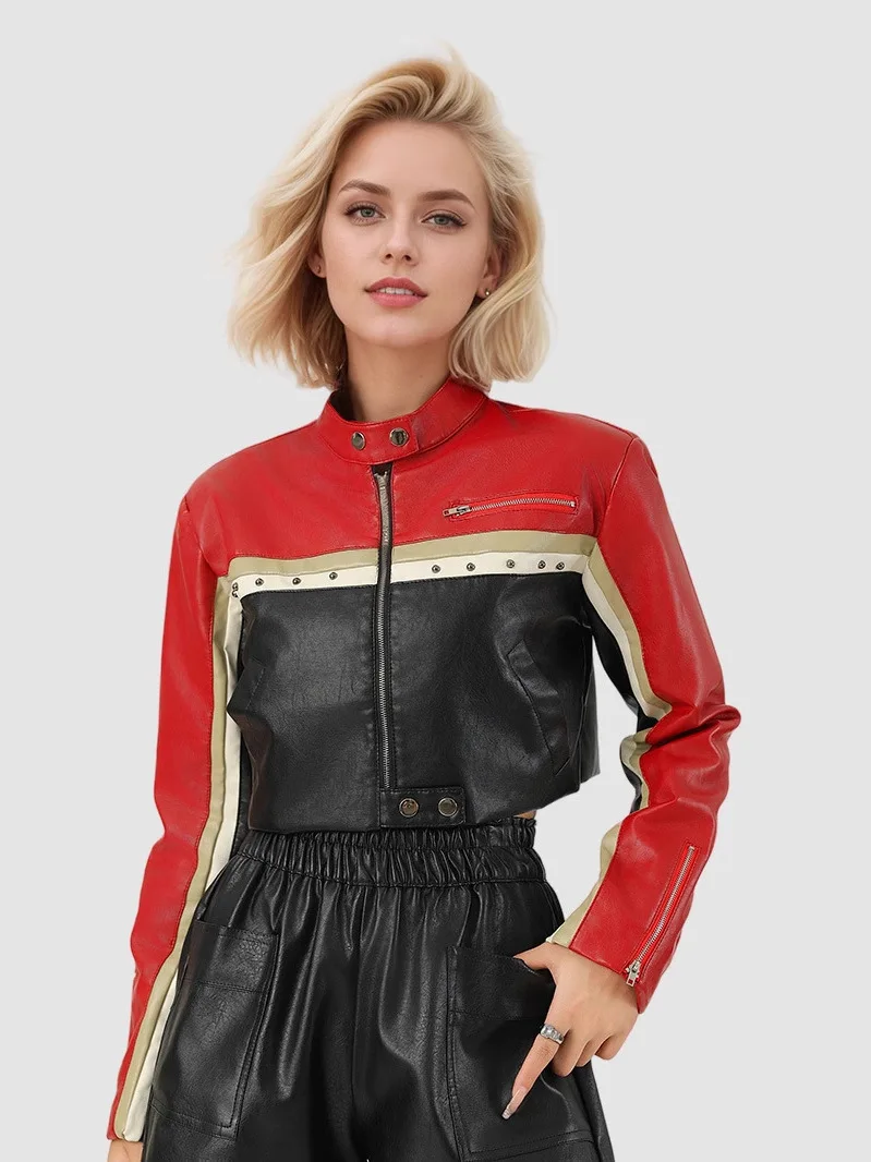 Street Sle Jaet in pelle vintage da donna Top da motociclista casual allentato Materiale PU Cappotto lungo con colletto alla coreana con chiusura a cerniera