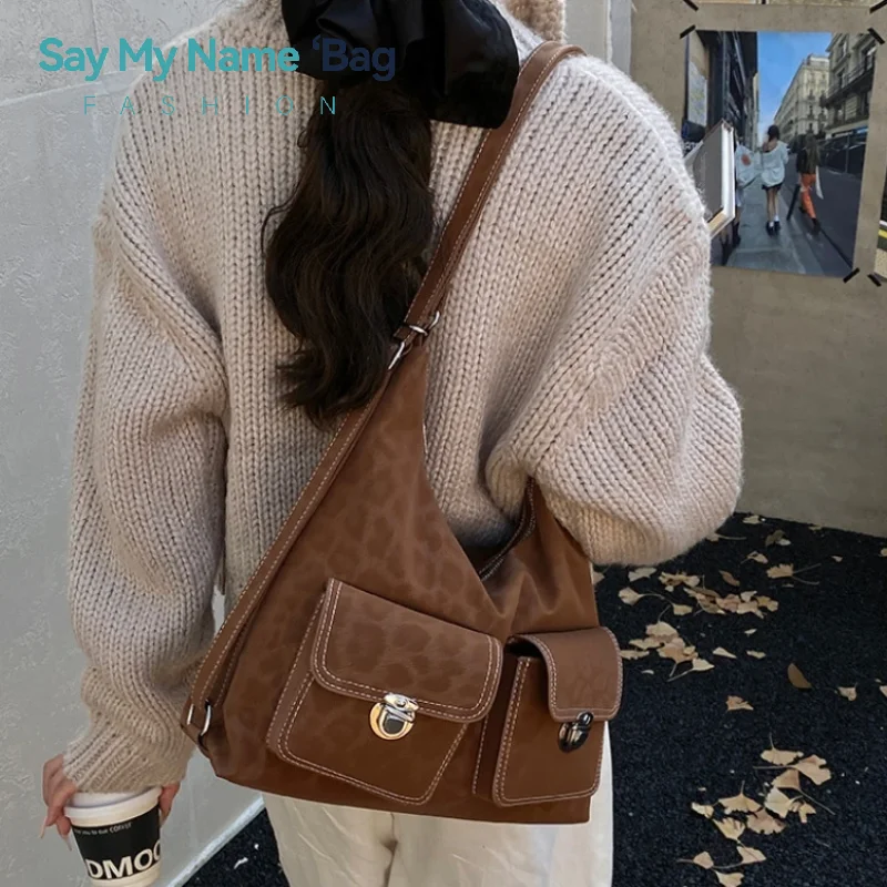 

Повседневная пригородная большая вместительная замшевая сумка-подушка на одно плечо, сумка через плечо в винтажном стиле, полиэстеровая подкладка, застежка-молния