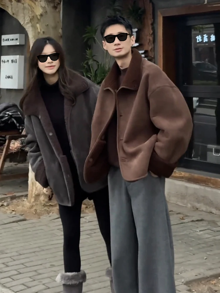 

Caramel Suede Double-Faced Winter Jaet Men's Thiened Cotton Padded Stand Fit Faionable Youth Casual Outerwear