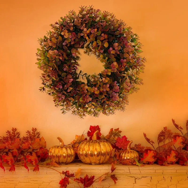 45cm Hanging Artificial Autumn Wreath Garden Farmhouse  Simulation Eucalyptus Wreath Background Wall Window Front Door Wreath