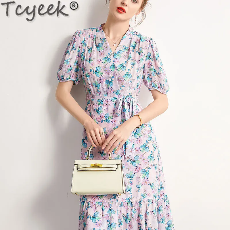 Tcyeek 100% Real Mulberry Silk Midi Dress Summer Cake Dress Fashion Dresses for Women Clothes Elegant Women's Dresses Lace-up