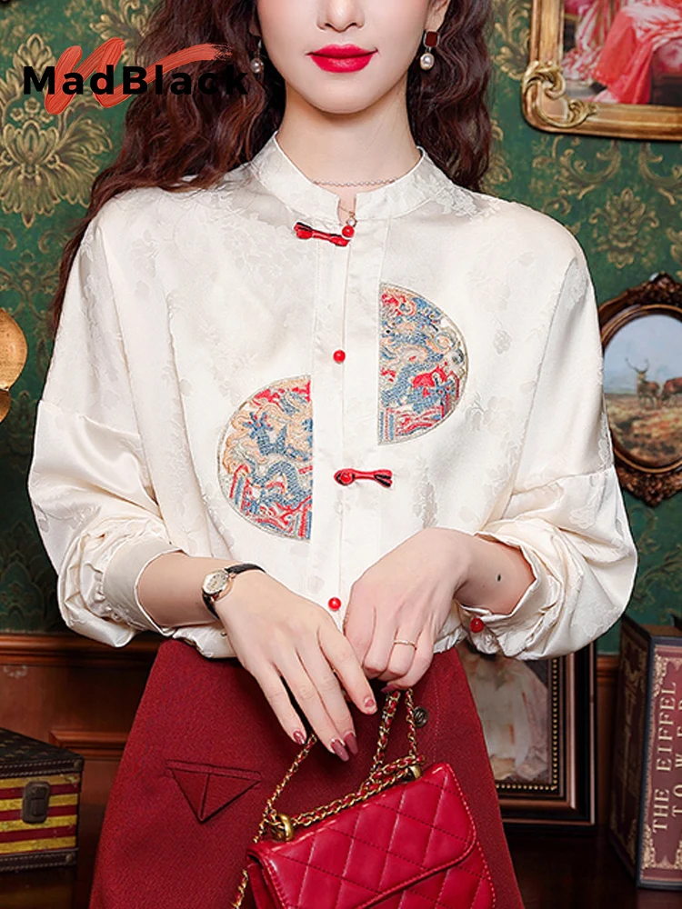 

MadBlack-Женская европейская рубашка, сексуальная лоскутная вышивка-стойка, уличная свободная блузка с длинными рукавами S-2XL, весна 2026 T5D674CC