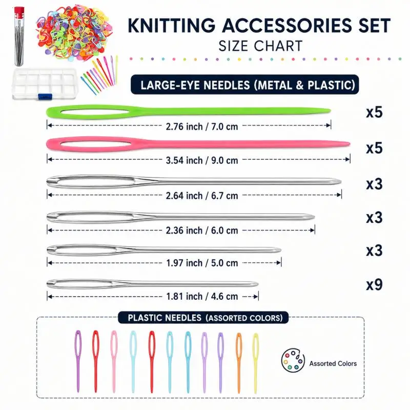 Näh- und Stricksets: Große Nadeln mit stumpfem Ende für Garn, Kunststoff-Webnadeln und Häkelnadeln, Zähl- und Markierwerkzeuge – Detail 2