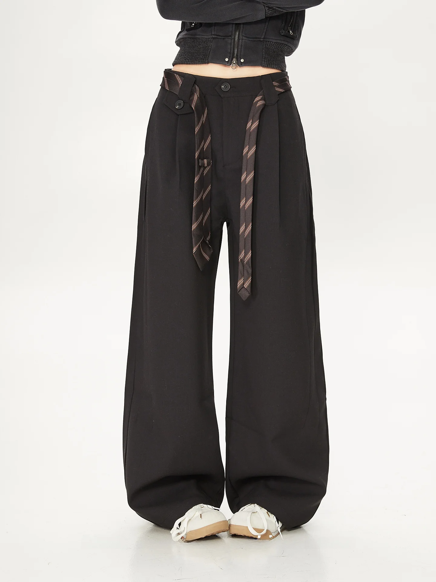 

Американские повседневные брюки прямого кроя для женщин, с поясом, струящиеся, универсальные, для офиса и повседневной носки, однотонные, плиссированные