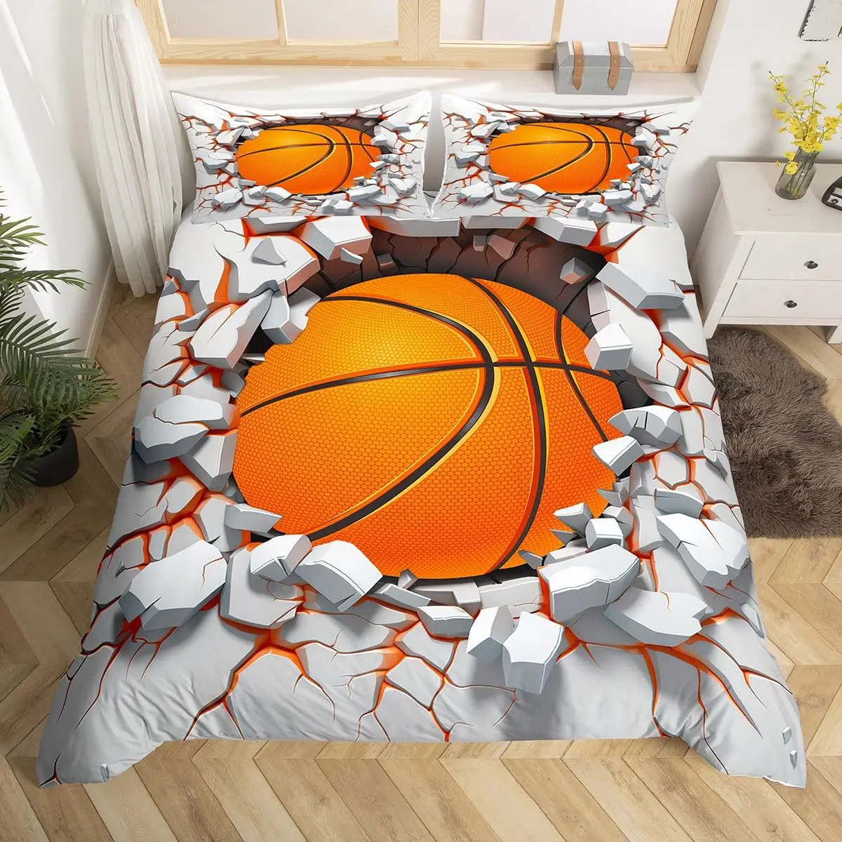 Boys Basketball Duvet Cover Twin Queen Size for Kids Teen Room Sports Bedding Set, Ball Game Comforter Cover with Pillow Case - view 5