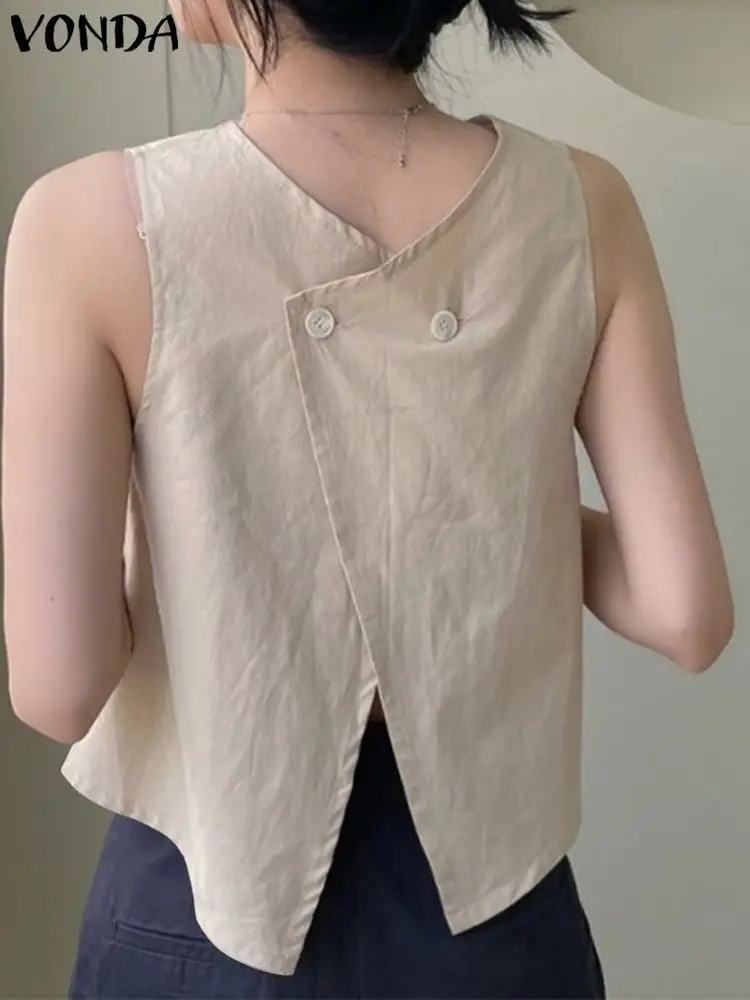 Fashion Blouse 2023 VONDA Women Shirts Summer Sleeveless Both Side Wear Tops Casual Loose Cotton Linen Crop Tops Sexy Blusas