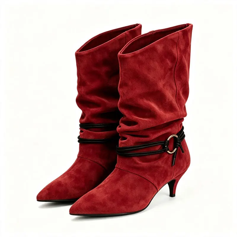 Women Red Pointed Toe Slouch MidCalf Boots Kitten Heel Metal Ring Strap Decor Elegant Daily Party Dress Boots for Women Ladies