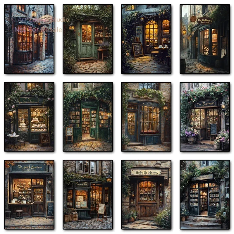 Wizards Bookstore Potion Wand Shop Poster Print Canvas Painting Antique Vintage Magical Library Wall Art Room Cottagecore Dec