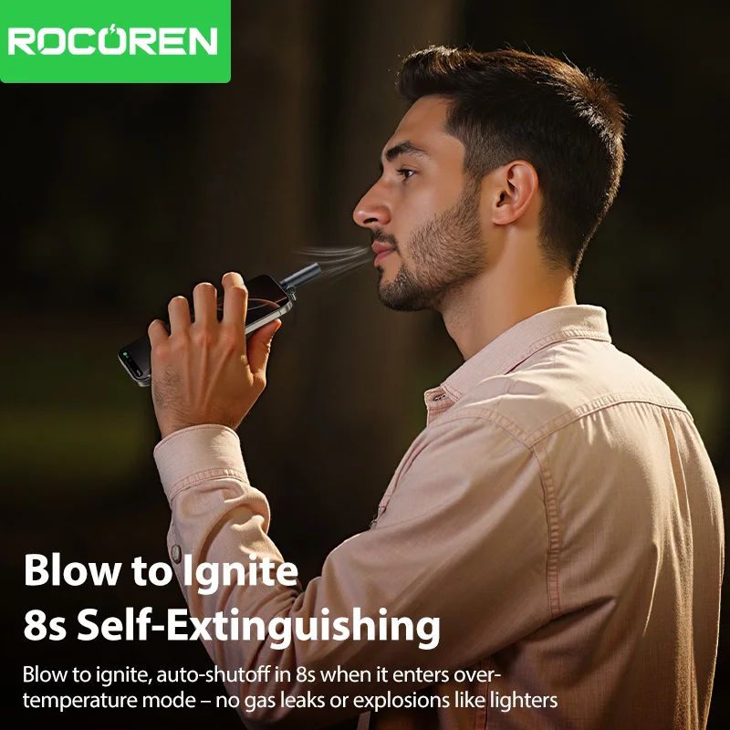 Rocoren USB-C Mini Lighter Tungsten Wire Blow-to-Ignite Safety for Air Travel No Flame Auto Shut-Off Typec Cigarette Lighter