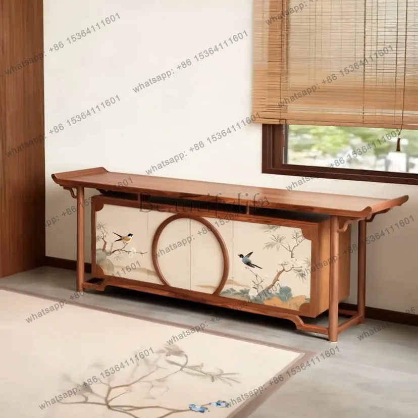 New Chinese-style solid wood porch locker flower and bird pattern retro style hotel foyer decorative cabinet