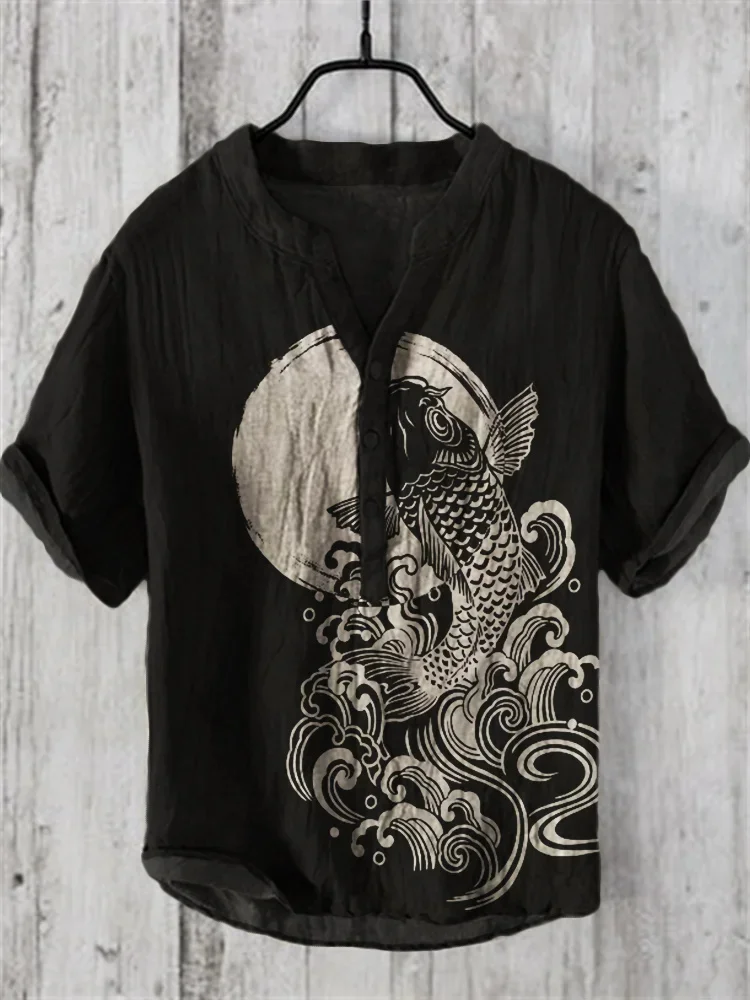 2025 Summer Men's Short Sleeved Shirt Linen Printed Shirt Popular Elements Original Octopus Printed Shirt