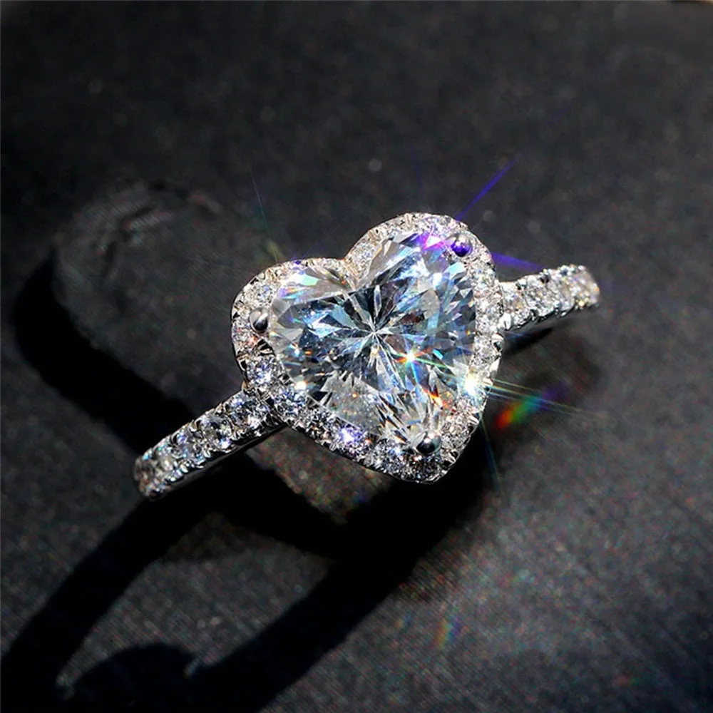 Anel de Noivado em Forma de Coração com Zircônia Cúbica, Anel de Promessa em Prata para Mulheres, Aliança de Casamento, Joias Finas
