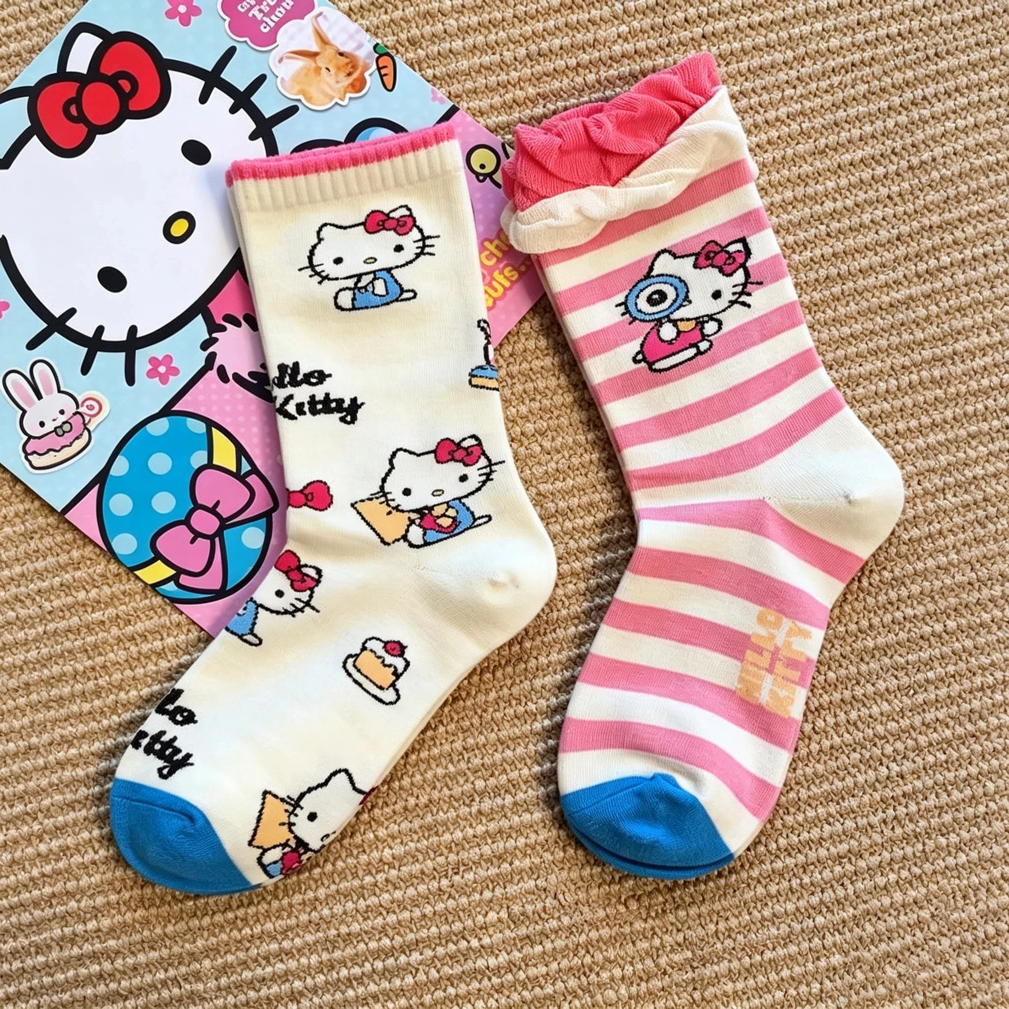 2 Pairs of Hello Kitty Women's Round Neck Socks Cute Cartoon Printed Pleated Lace Striped Socks Sweet Girls' Casual Calf Socks