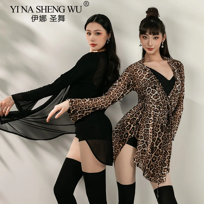 ملابس الرقص اللاتينية للنساء بأكمام طويلة سترة فضفاضة شبكية علوية للكبار ممارسة الرقص ملابس التدريب معطف الرقص الحديث رومبا