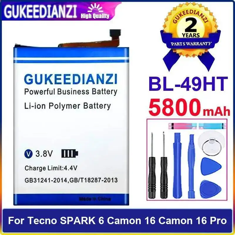 

Надежный аккумулятор для мобильных телефонов Tecno Spark 6, Camon 16, Camon 16 Pro с хорошей работой при низких температурах, 5800 мАч, модель BL-49HT.