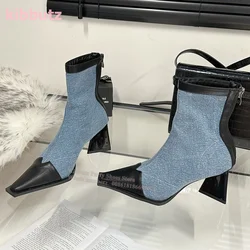 Elastic Skinny Ankle Boots Denim Leather Mixed Color Pointed Toe Strange Heel Back Zipper Fashion Luxury Sexy Women Shoes Newest