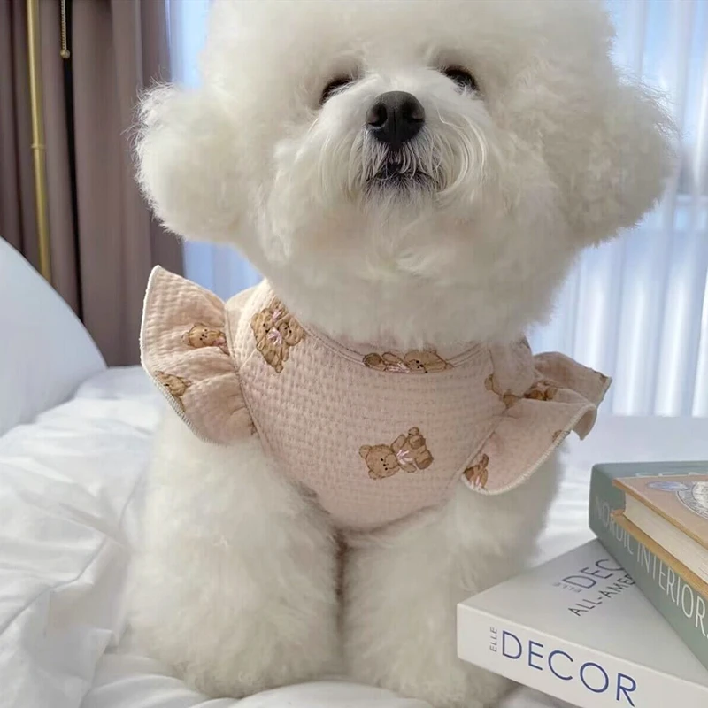 Beige Pet Traction T-shirt Teddy Cartoon Summer Clothes Poodle Soft Two-legged Clothes Puppy Leggings Dog Products