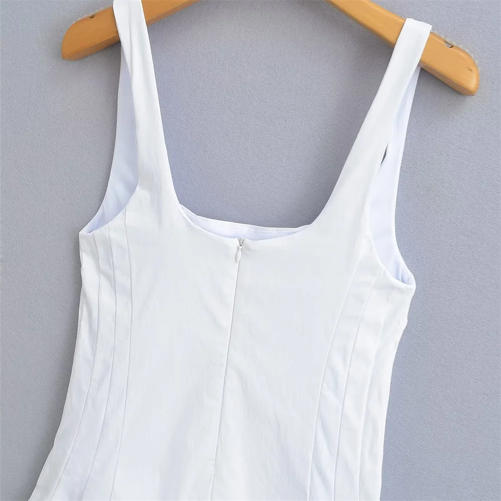 فستان نسائي أبيض واسع مطوي ، رقبة مربعة ، فستان قصير ، طراز أوربي وأمريكي ، موضة جديدة ، الصيف ، ZA ، 2024ZAR4