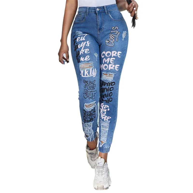 

Women Trend Letter Print Pencil Jeans Stretch Drawstring Trousers Slim Denim Pants Female Fashion Casual Broken Holes Streetwear