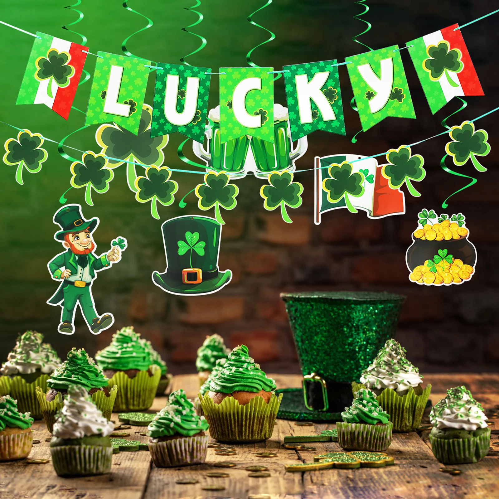 

1Set St Patricks Day Decor Shamrock Party Decorations Banners Hanging Swirls for St Patricks Day Party Supplies