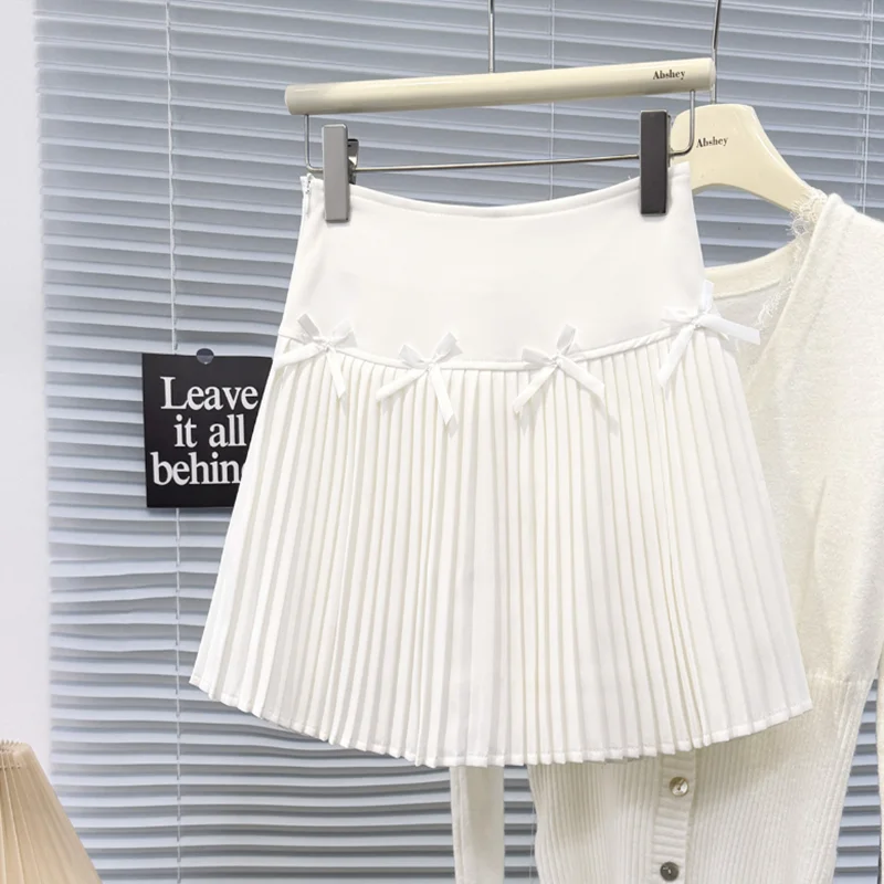 

Fashion Bowknot Design Pleated Skirt Women 2025 New Spring High Waist Solid Color Slim A-Line Mini Skirt r03