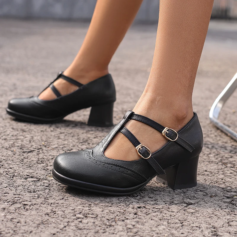 Women's Leather Classic T-Strap Platform Chunky Mid-Heel Mary Jane Round Toe Pumps Comfortable Soft Oxfords Dress Wedding Shoes