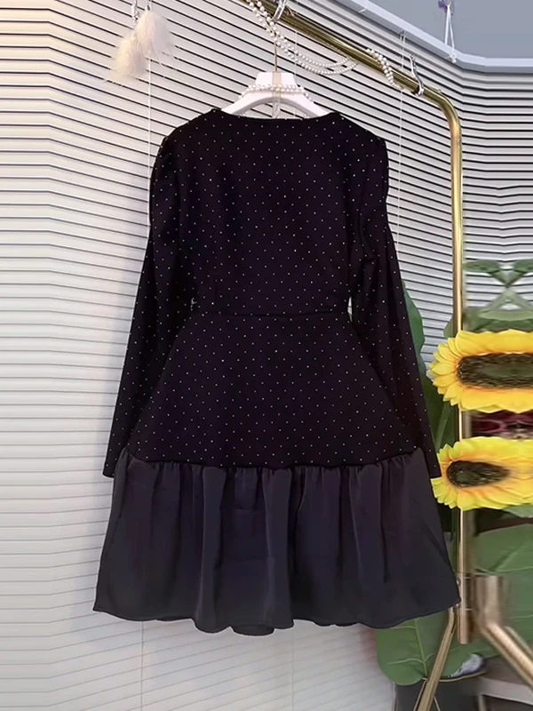 plus Size Long Sleeve round Neck Diamond Embellished Dress Slimming A-Line Skirt Korean Style Commute Fashion Winter Season