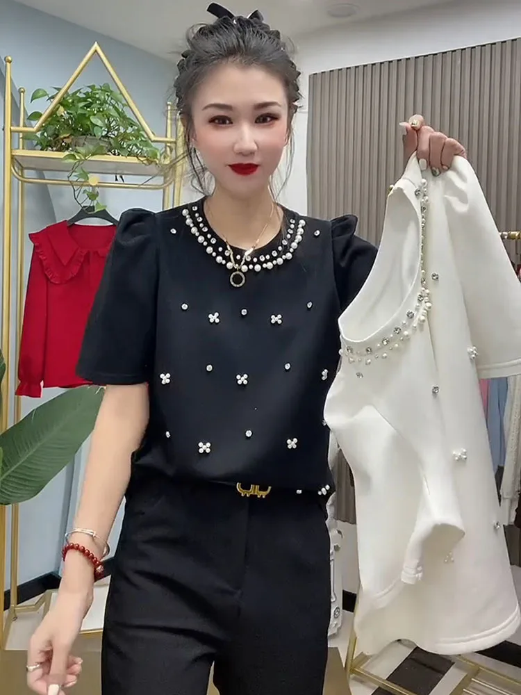 Peals Diamonds Beading Cotton T-shirt Women 2024 Summer Korean Fashion O-Neck Solid Color Puff Short Sleeve Slim Tees Tops White