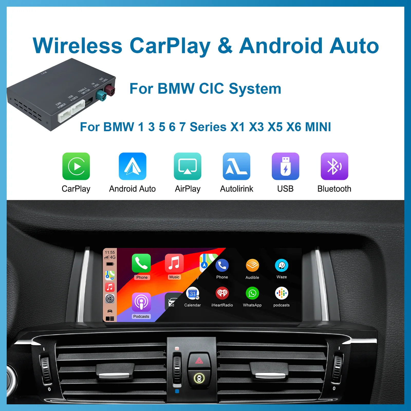 Kabelloser CarPlay Android Auto Decoder für BMW CIC-System, 1 3 5 6 7 Serie X1 X3 X5 X6 F12 F13 F25 F70 E60 E61 E90 E91 E87
