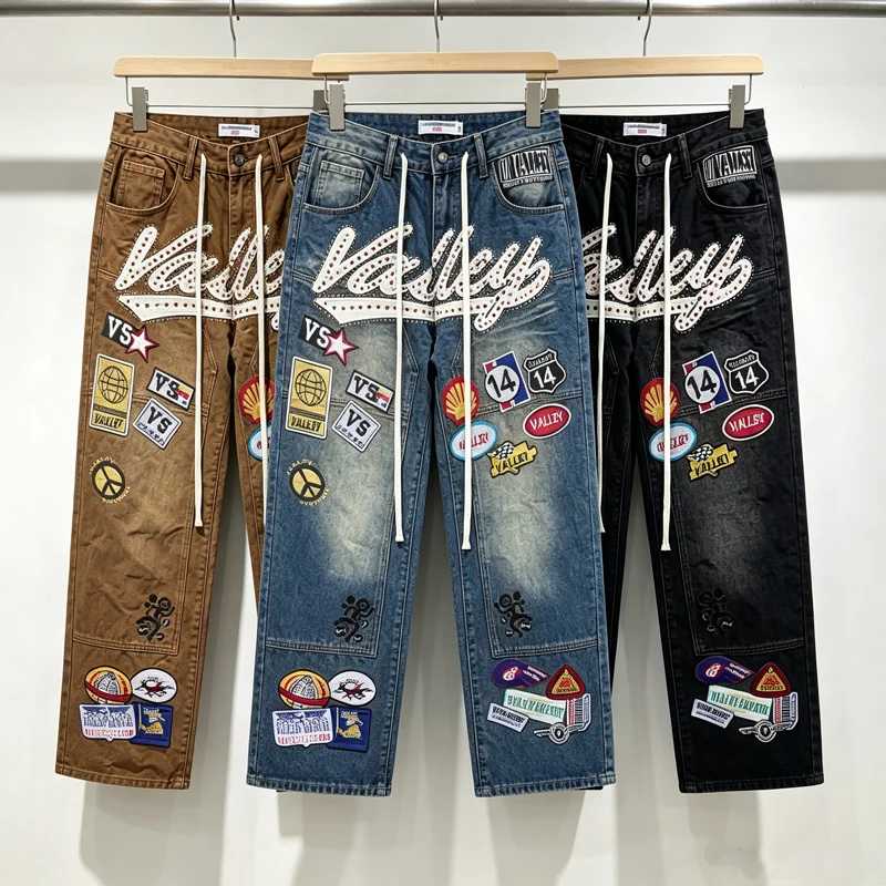 

Rhinestone Embroidery Colorful Patch VALLEY Loose Straight Jeans Men Women High Quality European American Streetwear Pants Y2k