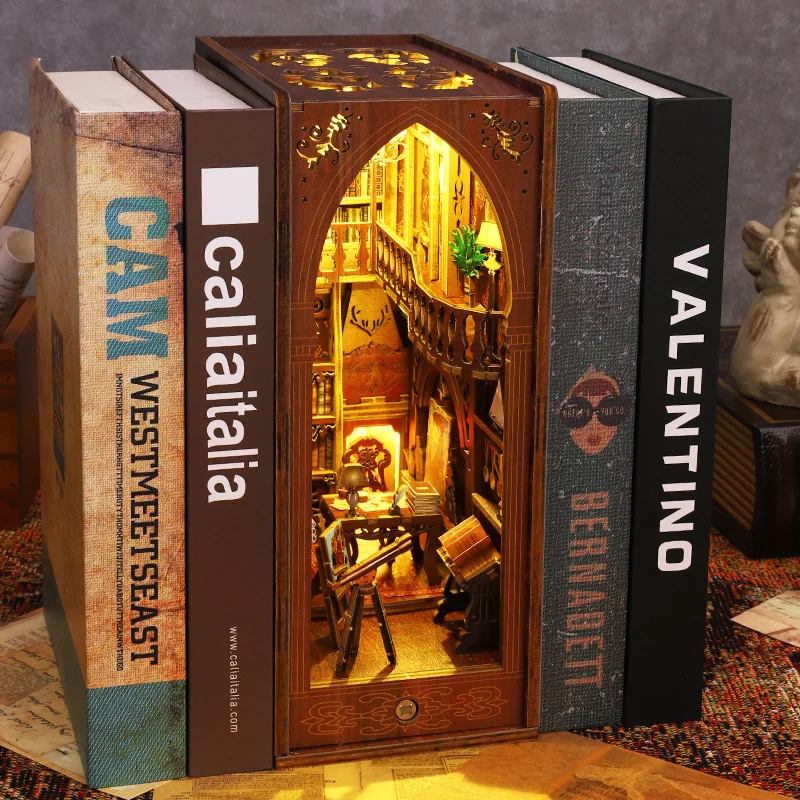 Creative DIY Wooden Book Nook Shelf Insert Miniature Library House Kit Dollhouse Bookend Puzzle Toys Adults Xmas Gift