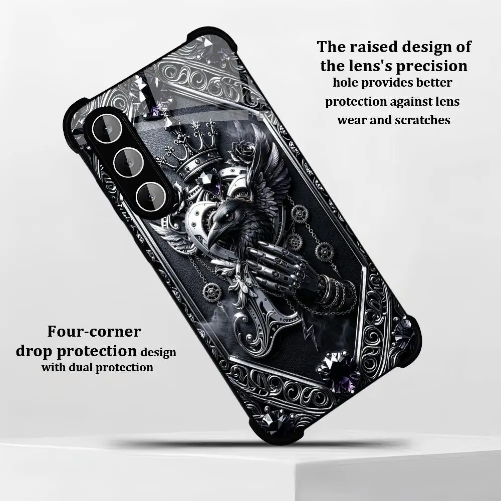 Gothic Steampunk Crow Crown Exquisite HD glass phone case for Samsung Galaxy S26 S25 S24 S23 S22 FE,Ultra,Plus Dropresistant