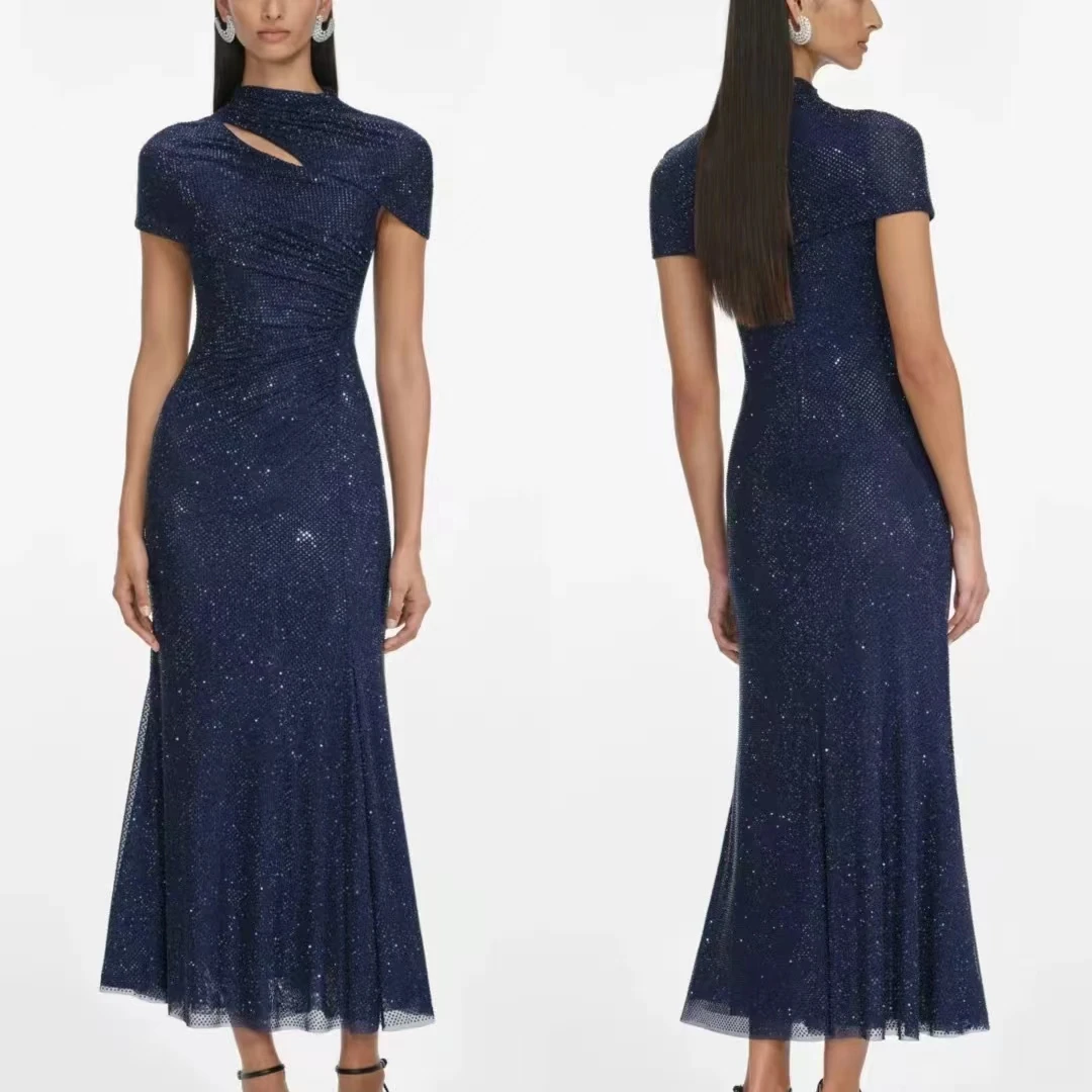 Vestido midi feminino com strass moda vestido de festa de manga curta