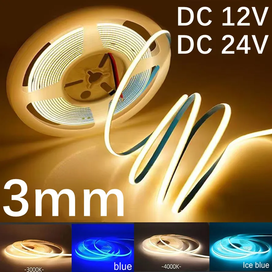 Ultra Thin COB LED Strip 12V 3mm Colorful Dimmable 3000K 4000K 6000K High Density Flexible Light 400LEDs for DIY Home Decor Lamp