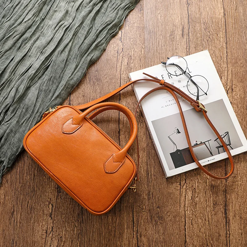 Vintage Handbag Daily Women Genuine Leather Cowhide Small Top Handle Purse Detachable Adjustable Strap Crossbody Shoulder Bag