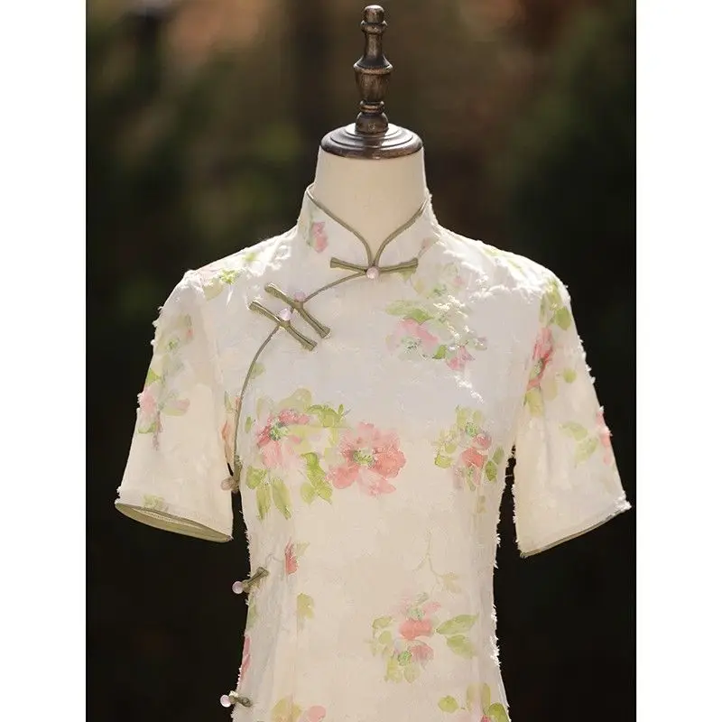 

Spring summer cheongsam beige Chinese style long short sleeve print slit female Chinese traditional dress