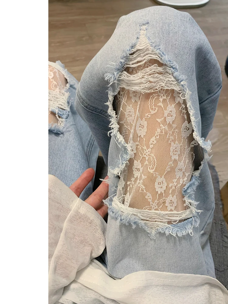 

Ретро-синие джинсы с кружевными вставками и прорезями, женские, зимние, тонкие, больших размеров, для полных женщин, с высокой талией, скрывающие недостатки фигуры, свободные, широкие брюки