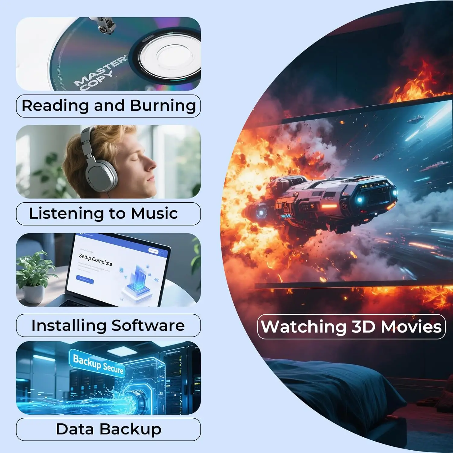 محرك بلو راي خارجي، USB 3.0/Type-C محمول ثلاثي الأبعاد بلو راي، مشغل DVD CD BD محرك الأقراص الضوئية للكمبيوتر المحمول المكتبي #3